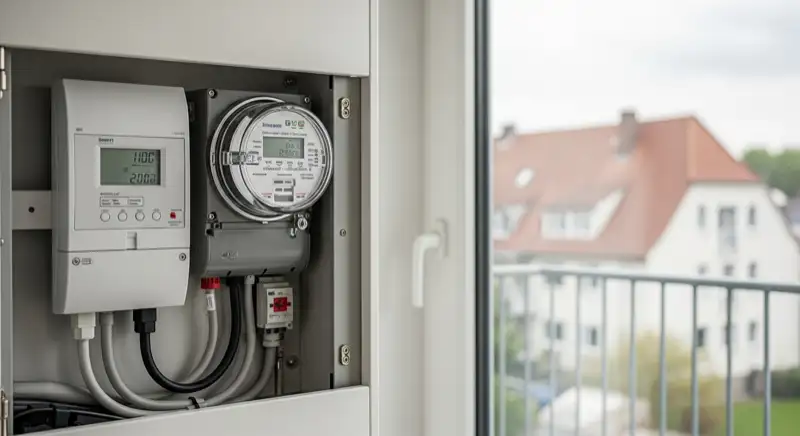 Modern German electrical meter cabinet (Zählerschrank) with smart meter and solar inverter connection, clean technical installation