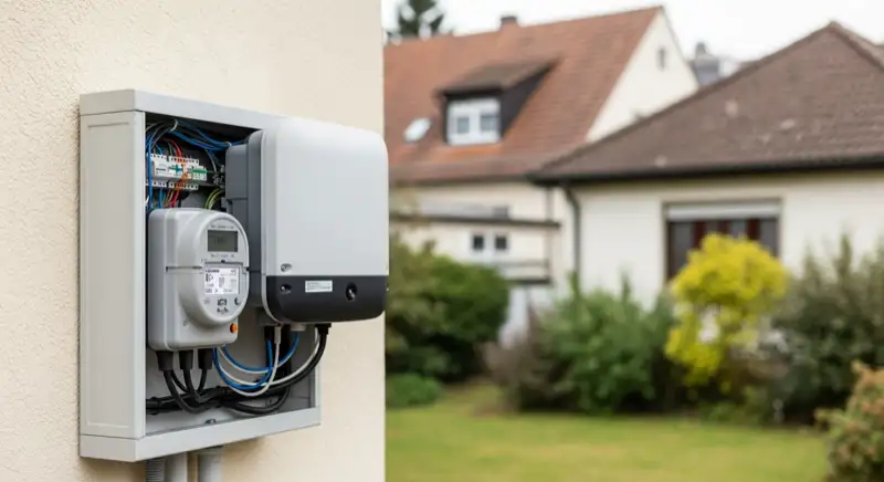 Modern German electrical meter cabinet (Zählerschrank) with smart meter and solar inverter connection, clean technical installation