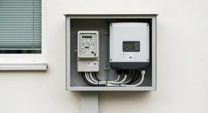 Modern German electrical meter cabinet (Zählerschrank) with smart meter and solar inverter connection, clean technical installation