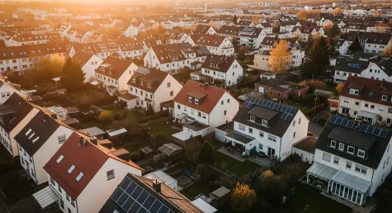 Aerial drone view of typical German residential neighborhood with mixed roof types, red and dark roof tiles, gardens visible, sunny day