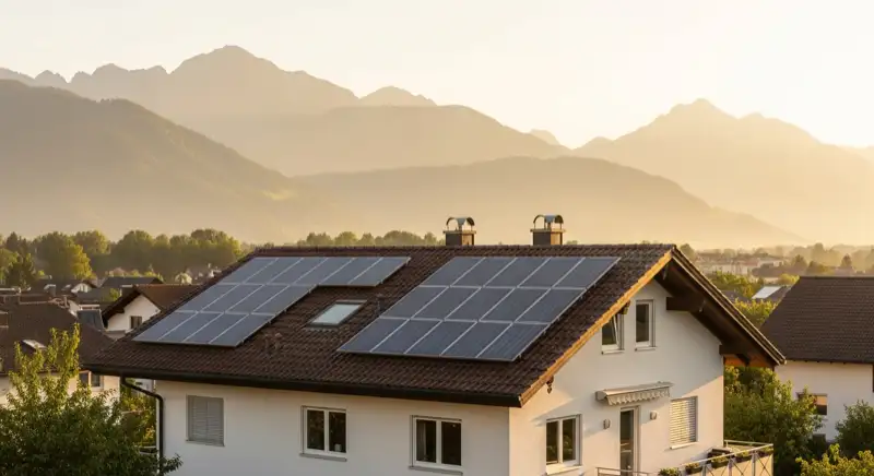 Wohnhaus in Oberbeuren mit PV-Anlage auf Süddach vor Allgäuer Alpenkulisse