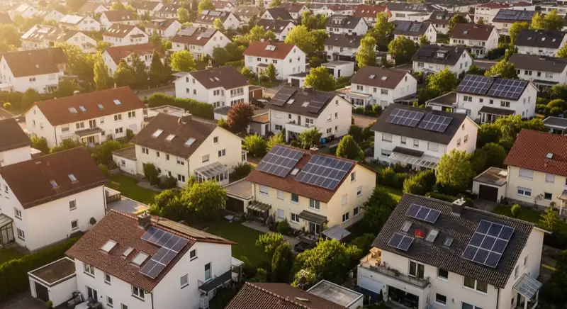 Aerial drone view of typical German residential neighborhood with mixed roof types, red and dark roof tiles, gardens visible, sunny day