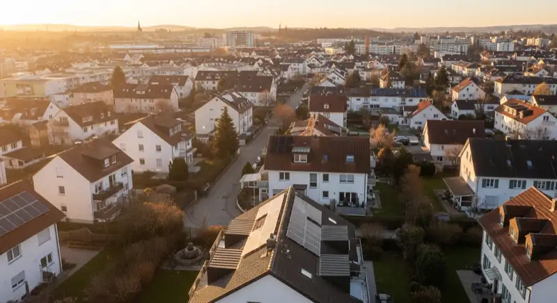 Aerial drone view of typical German residential neighborhood with mixed roof types, red and dark roof tiles, gardens visible, sunny day