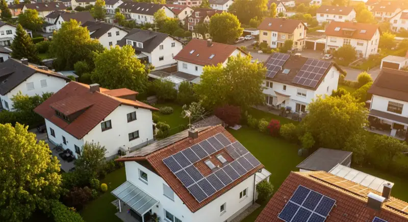 Aerial drone view of typical German residential neighborhood with mixed roof types, red and dark roof tiles, gardens visible, sunny day