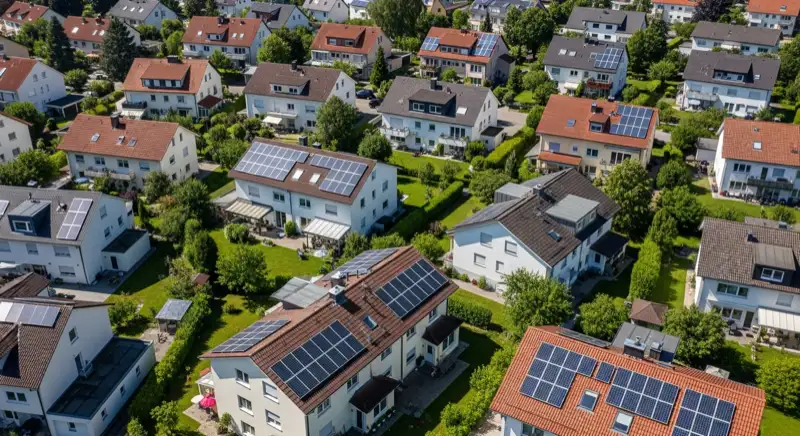 Aerial drone view of typical German residential neighborhood with mixed roof types, red and dark roof tiles, gardens visible, sunny day