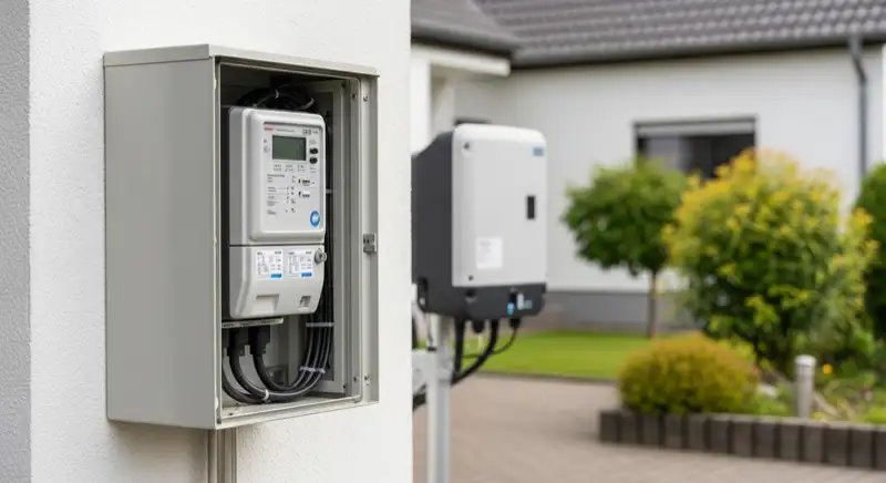 Modern German electrical meter cabinet (Zählerschrank) with smart meter and solar inverter connection, clean technical installation