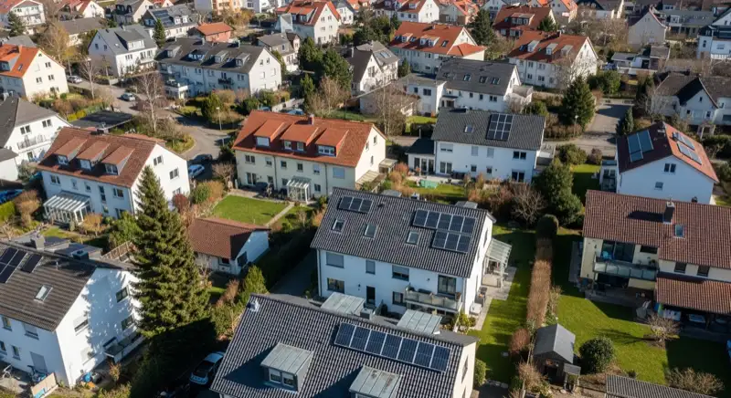 Aerial drone view of typical German residential neighborhood with mixed roof types, red and dark roof tiles, gardens visible, sunny day