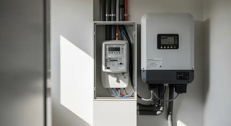 Modern German electrical meter cabinet (Zählerschrank) with smart meter and solar inverter connection, clean technical installation