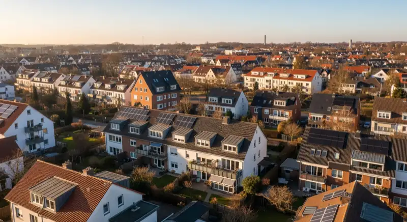 Aerial drone view of typical German residential neighborhood with mixed roof types, red and dark roof tiles, gardens visible, sunny day