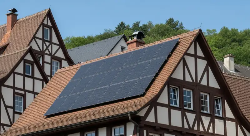 Historische Fachwerkhäuser in der Koblenzer Altstadt mit denkmalgerechten schwarzen Solarmodulen