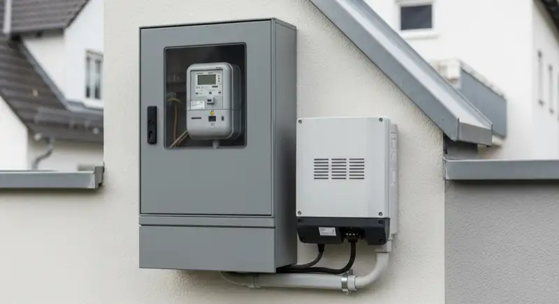 Modern German electrical meter cabinet (Zählerschrank) with smart meter and solar inverter connection, clean technical installation