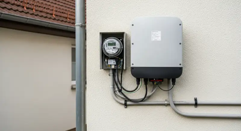 Modern German electrical meter cabinet (Zählerschrank) with smart meter and solar inverter connection, clean technical installation