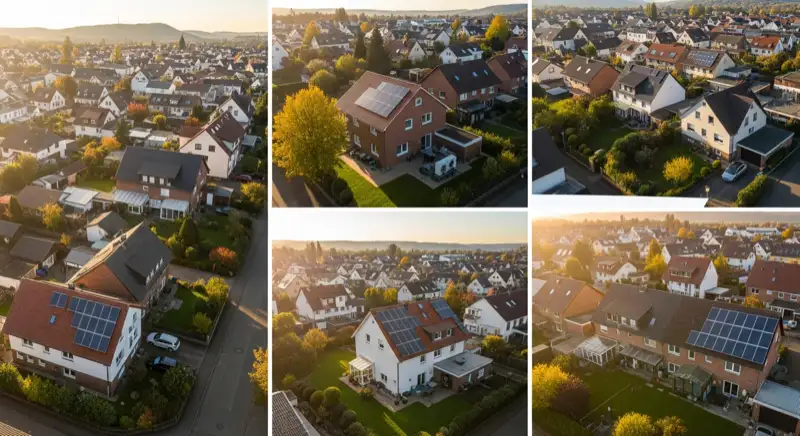 Aerial drone view of typical German residential neighborhood with mixed roof types, red and dark roof tiles, gardens visible, sunny day