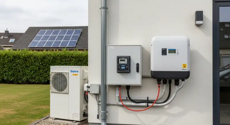 Modern German electrical meter cabinet (Zählerschrank) with smart meter and solar inverter connection, clean technical installation