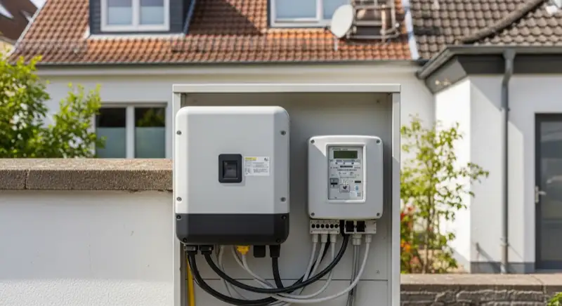 Modern German electrical meter cabinet (Zählerschrank) with smart meter and solar inverter connection, clean technical installation