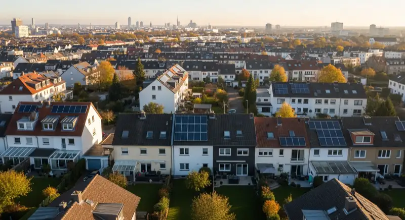 Aerial drone view of typical German residential neighborhood with mixed roof types, red and dark roof tiles, gardens visible, sunny day