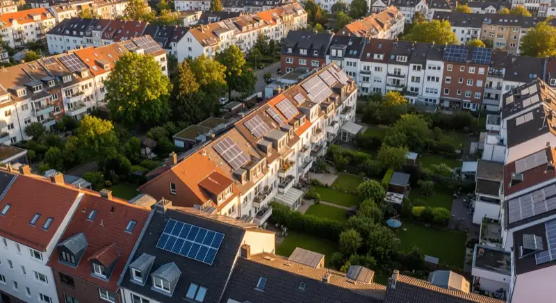 Aerial drone view of typical German residential neighborhood with mixed roof types, red and dark roof tiles, gardens visible, sunny day