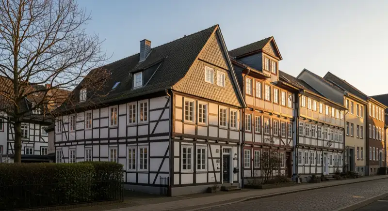Historische Fachwerkhäuser in der Krefelder Altstadt mit denkmalgeschützter Architektur