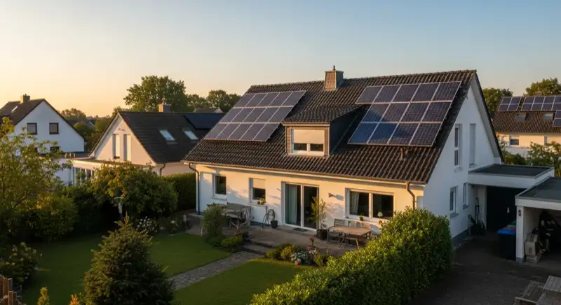 German detached house (Einfamilienhaus) with photovoltaic panels on pitched roof, well-maintained garden, warm afternoon sunlight