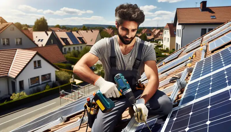 Professioneller Solarinstallateur bei der Montage auf einem Krefelder Dach