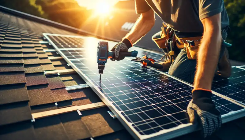 Nahaufnahme moderner Solarmodule bei der Montage auf einem Dach in Krefeld
