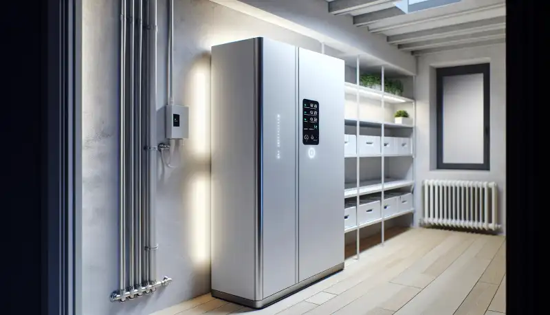 Moderner Batteriespeicher an der Wand eines Krefelder Hauskellers