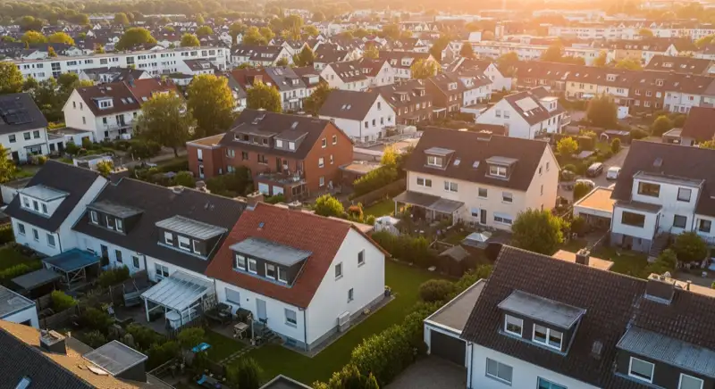 Aerial drone view of typical German residential neighborhood with mixed roof types, red and dark roof tiles, gardens visible, sunny day