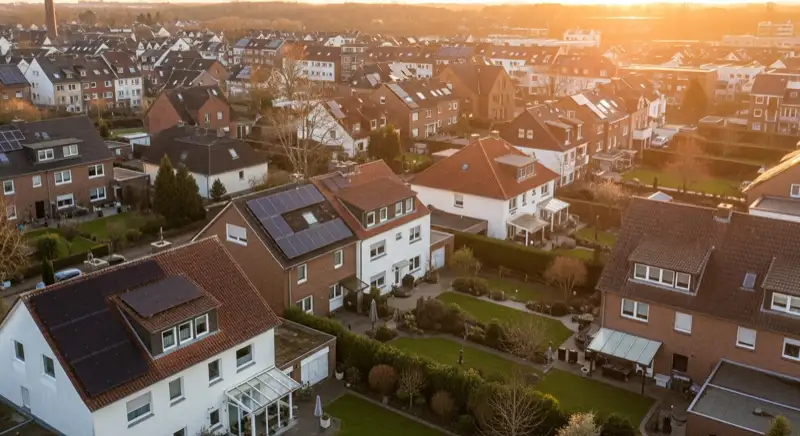 Aerial drone view of typical German residential neighborhood with mixed roof types, red and dark roof tiles, gardens visible, sunny day