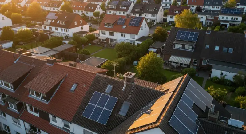 Aerial drone view of typical German residential neighborhood with mixed roof types, red and dark roof tiles, gardens visible, sunny day