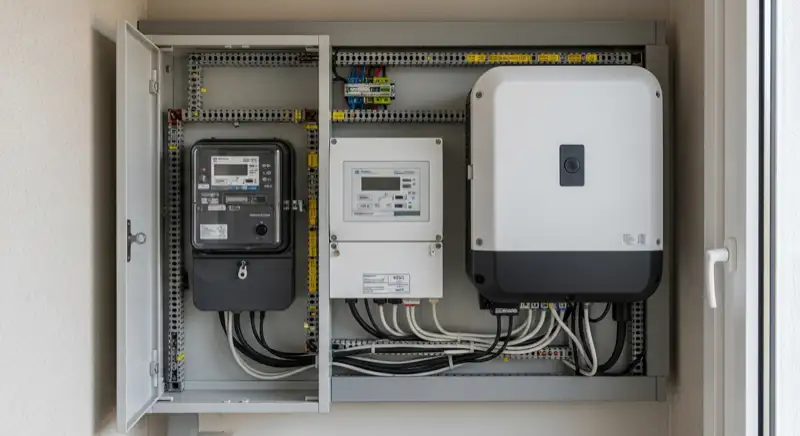 Modern German electrical meter cabinet (Zählerschrank) with smart meter and solar inverter connection, clean technical installation