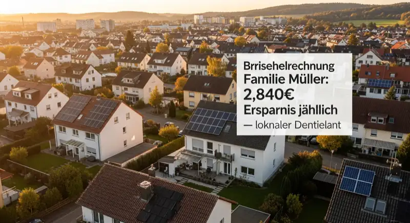 Aerial drone view of typical German residential neighborhood with mixed roof types, red and dark roof tiles, gardens visible, sunny day