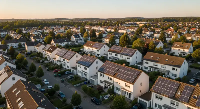 Aerial drone view of typical German residential neighborhood with mixed roof types, red and dark roof tiles, gardens visible, sunny day