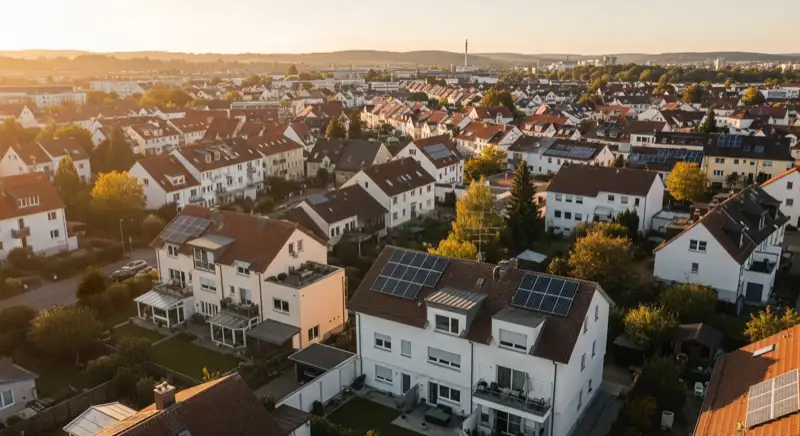 Aerial drone view of typical German residential neighborhood with mixed roof types, red and dark roof tiles, gardens visible, sunny day