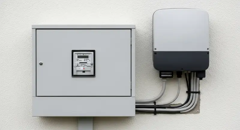 Modern German electrical meter cabinet (Zählerschrank) with smart meter and solar inverter connection, clean technical installation