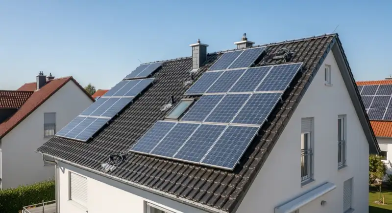 Satteldach eines Einfamilienhauses mit Solarmodulen in der Südpfalz bei Landau