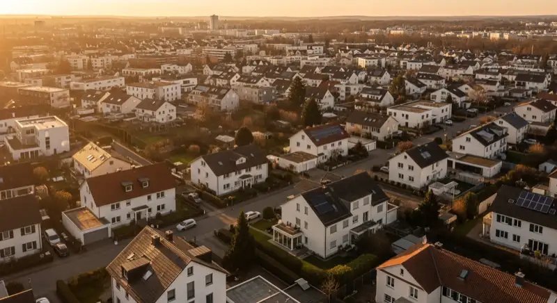 Wohngebiete in Landshut mit verschiedenen Bauformen, typische Einfamilienhäuser und Dachstrukturen aus der Luft