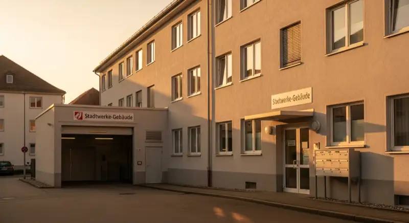 Blick auf das Stadtwerke-Gebäude in Landshut mit Service-Eingang, lokale Versorgeratmosphäre