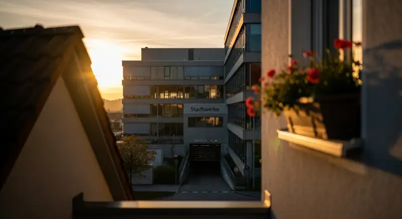 Blick auf das Stadtwerke-Gebäude in Landshut mit Service-Eingang, lokale Versorgeratmosphäre