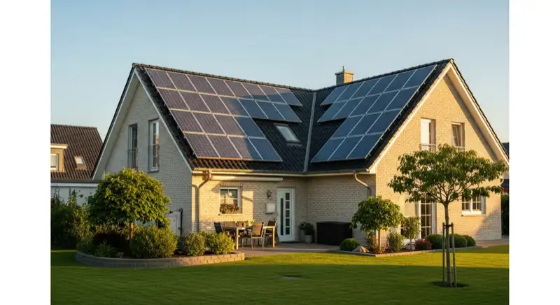 German detached house (Einfamilienhaus) with photovoltaic panels on pitched roof, well-maintained garden, warm afternoon sunlight
