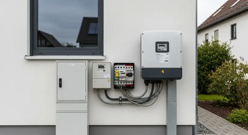 Modern German electrical meter cabinet (Zählerschrank) with smart meter and solar inverter connection, clean technical installation