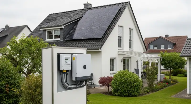 Modern German electrical meter cabinet (Zählerschrank) with smart meter and solar inverter connection, clean technical installation