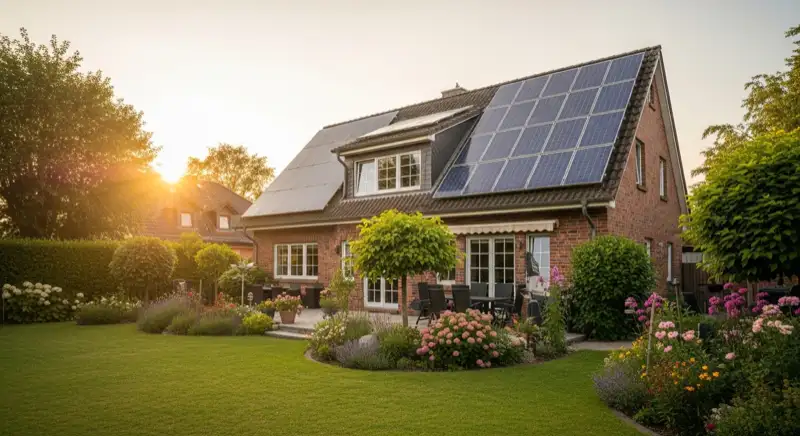 German detached house (Einfamilienhaus) with photovoltaic panels on pitched roof, well-maintained garden, warm afternoon sunlight