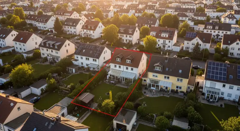 Aerial drone view of typical German residential neighborhood with mixed roof types, red and dark roof tiles, gardens visible, sunny day
