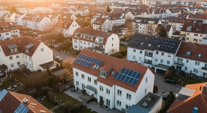 Aerial drone view of typical German residential neighborhood with mixed roof types, red and dark roof tiles, gardens visible, sunny day