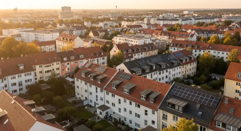 Aerial drone view of typical German residential neighborhood with mixed roof types, red and dark roof tiles, gardens visible, sunny day