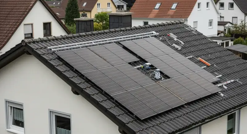 Installateure bei der Montage einer PV-Anlage auf einem Leonberger Hausdach