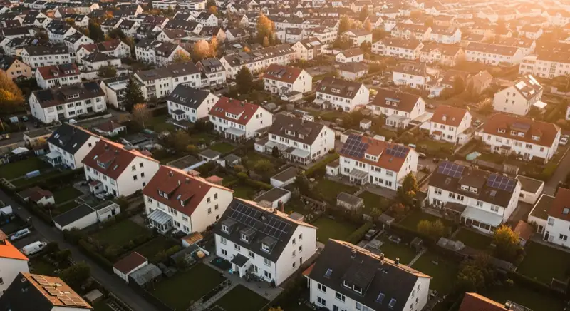 Aerial drone view of typical German residential neighborhood with mixed roof types, red and dark roof tiles, gardens visible, sunny day