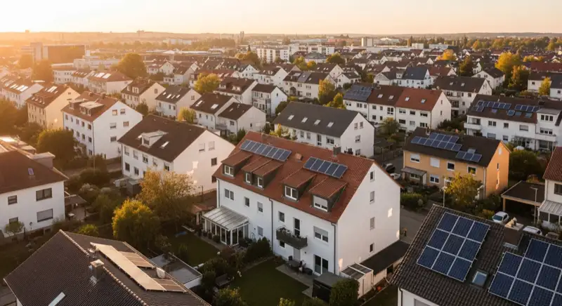 Aerial drone view of typical German residential neighborhood with mixed roof types, red and dark roof tiles, gardens visible, sunny day