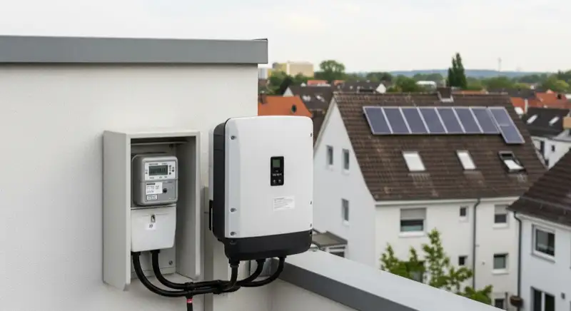 Modern German electrical meter cabinet (Zählerschrank) with smart meter and solar inverter connection, clean technical installation