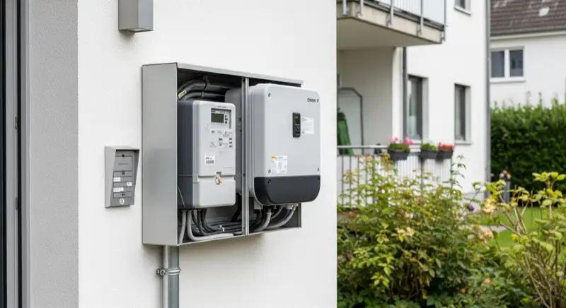 Modern German electrical meter cabinet (Zählerschrank) with smart meter and solar inverter connection, clean technical installation